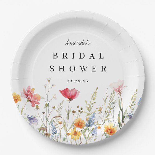 Watercolor Wildflower Bridal Shower Paper Plates (Front)