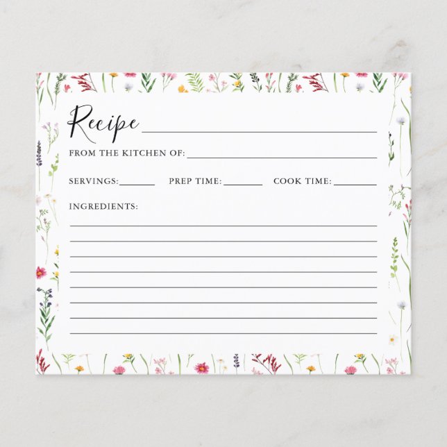 Watercolor Wildflower Bridal Shower Recipe Card (Front)