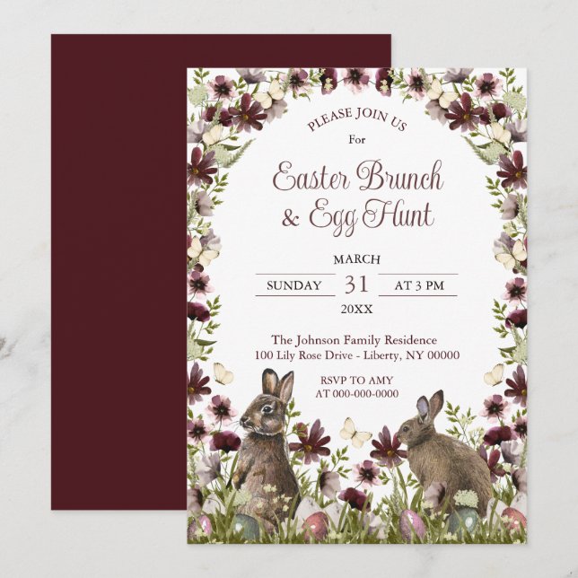 Watercolor Wildflower Bunnies Easter Sunday Brunch Invitation (Front/Back)