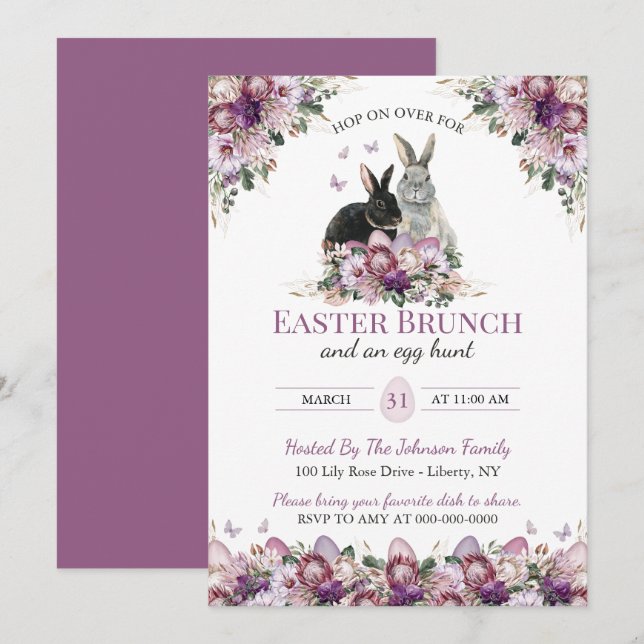 Watercolor Wildflower Bunnies Easter Sunday Brunch Invitation (Front/Back)