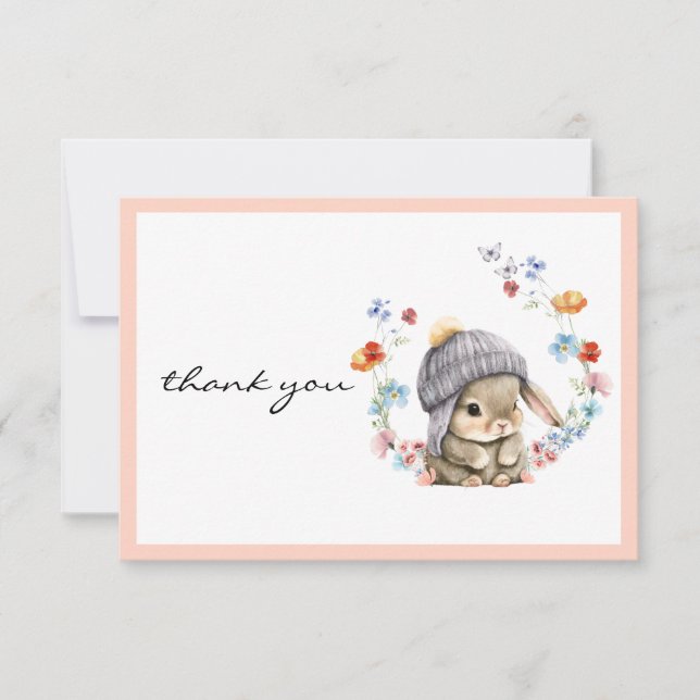 Watercolor Wildflower Bunny 1st Birthday Thank You (Front)