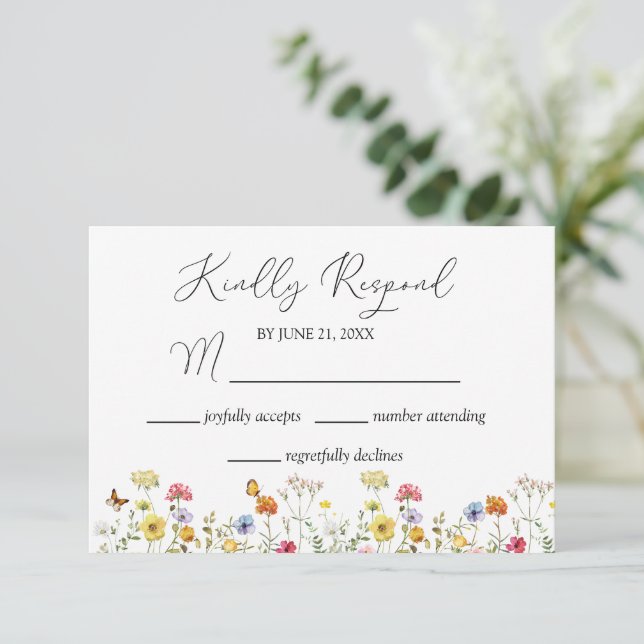 Watercolor Wildflower & Butterflies Botanical  RSVP Card (Standing Front)