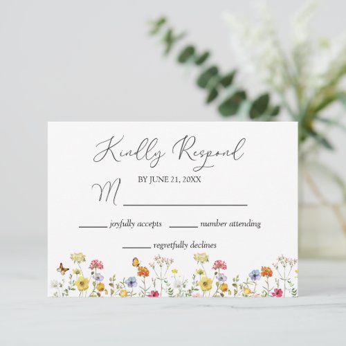 Watercolor Wildflower  Butterflies Botanical  RSVP Card