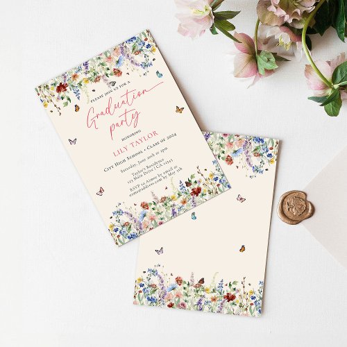 Watercolor Wildflower Butterflies Graduation Party Invitation