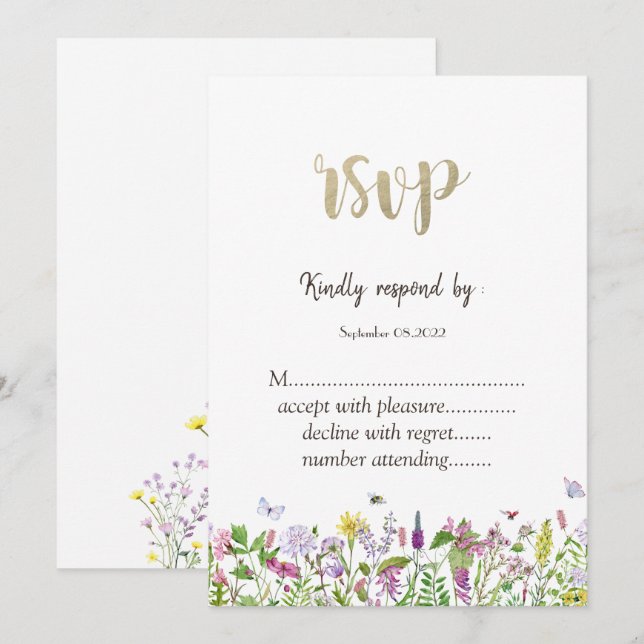 Watercolor Wildflower  Butterflies RSVP  Invitation (Front/Back)