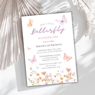 Watercolor Wildflower Butterfly 1st Birthday Invitation