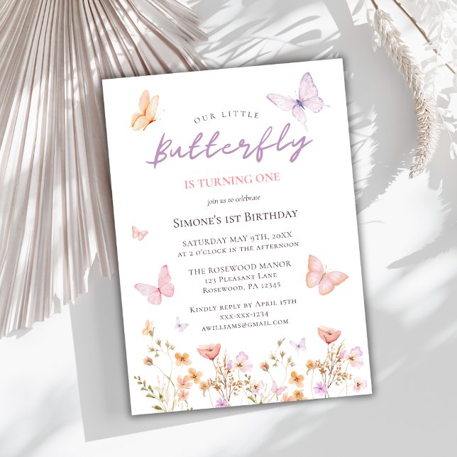 Watercolor Wildflower Butterfly 1st Birthday Invitation (Creator Uploaded)