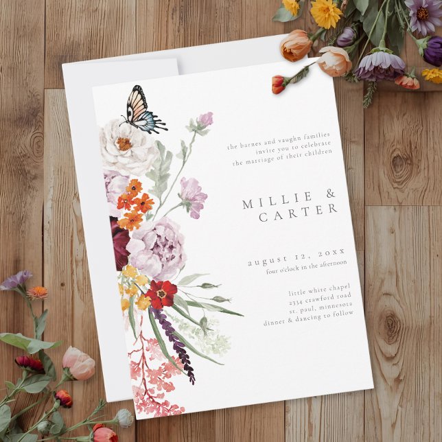 Watercolor Wildflower Butterfly Modern Wedding Invitation (Watercolor Wildflower Butterfly Modern Wedding Invitation)