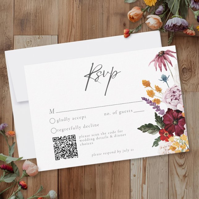 Watercolor Wildflower Butterfly Modern Wedding QR RSVP Card (Creator Uploaded)
