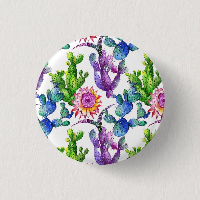 Watercolor Wildflower Cactus Pattern Button (Front)