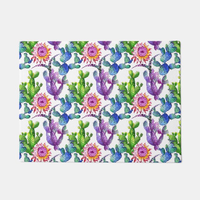 Watercolor Wildflower Cactus Pattern Doormat (Front)