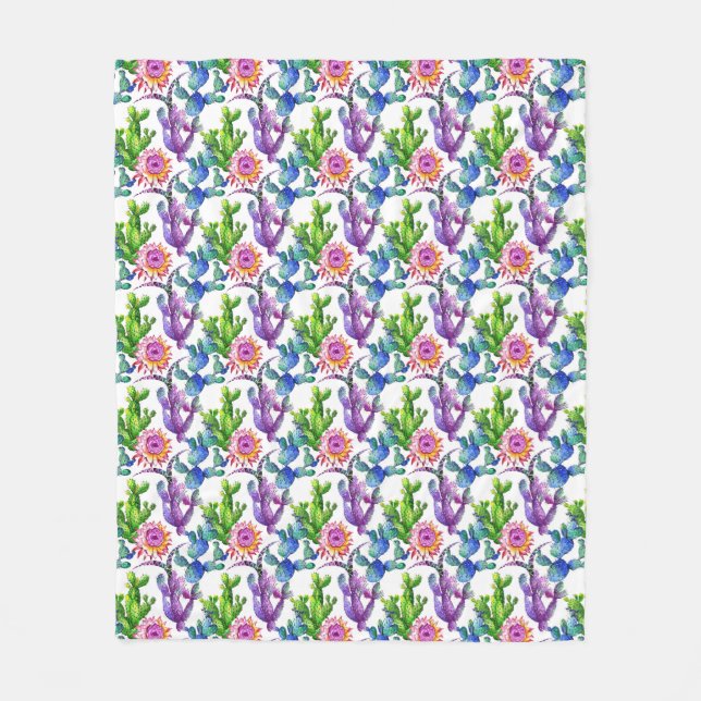 Watercolor Wildflower Cactus Pattern Fleece Blanket (Front)