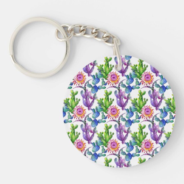 Watercolor Wildflower Cactus Pattern Keychain (Front)