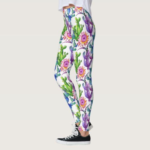 Watercolor Wildflower Cactus Pattern Leggings