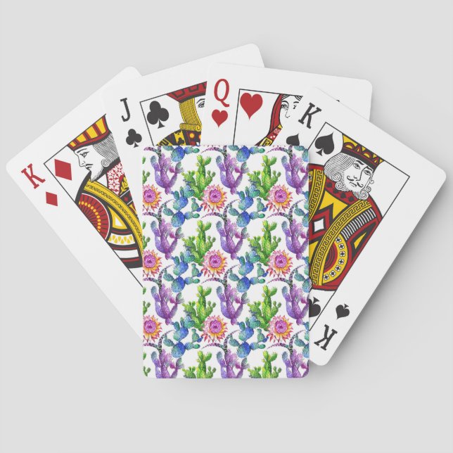 Watercolor Wildflower Cactus Pattern Poker Cards (Back)