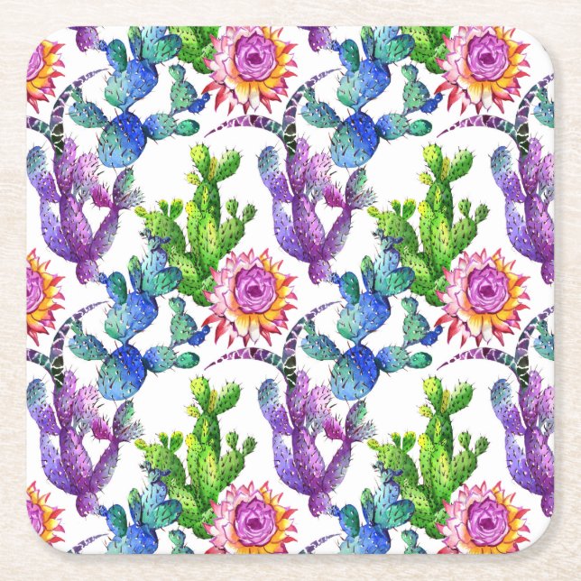Watercolor Wildflower Cactus Pattern Square Paper Coaster (Front)