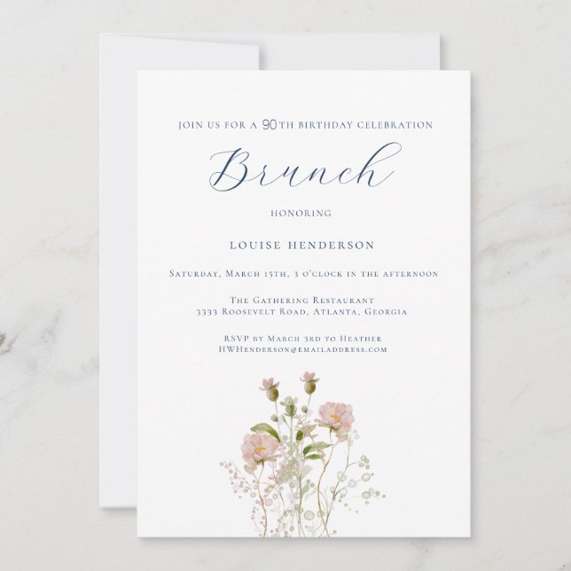 Watercolor Wildflower Calligraphy 90th Birthday Invitation (Front)