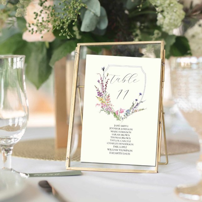 Watercolor Wildflower Crest Table Number (wildflower table seating card)