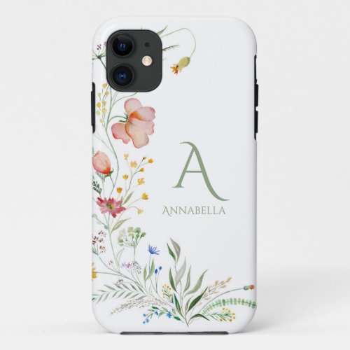 Watercolor Wildflower Custom Monogram and Name iPhone 11 Case