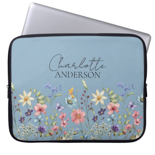 Watercolor Wildflower Custom Name Dusty Blue Laptop Sleeve