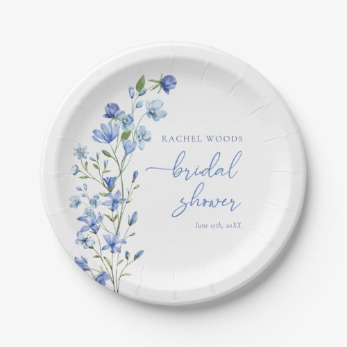 Watercolor Wildflower Dusty Blue Bridal Shower Paper Plates