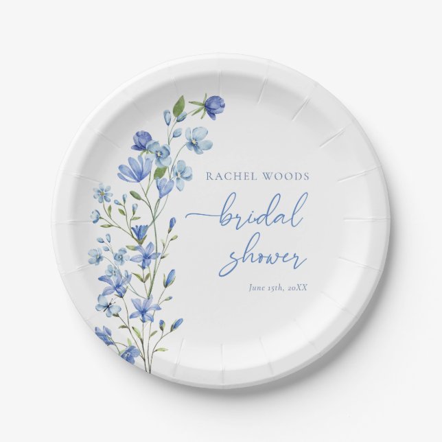 Watercolor Wildflower Dusty Blue Bridal Shower Paper Plates (Front)
