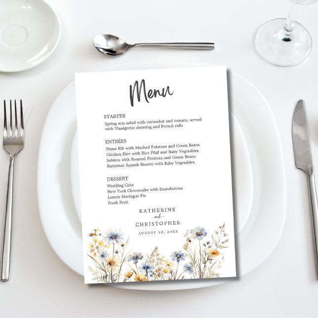 Watercolor Wildflower Elegant Dusty Blue Wedding Menu (Watercolor Wildflower Elegant Dusty Blue Wedding Menu with Menu Options, Couple Names, Date.)