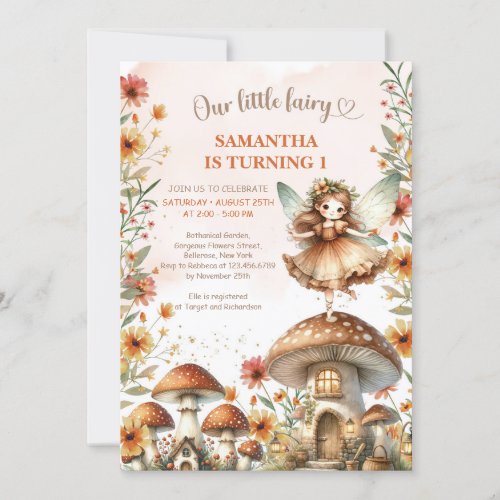 Watercolor Wildflower Fairy mushroom 1st Birthday  Invitation