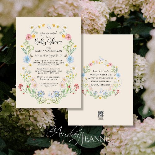 Watercolor Wildflower Floral Bees Baby Girl Shower Invitation