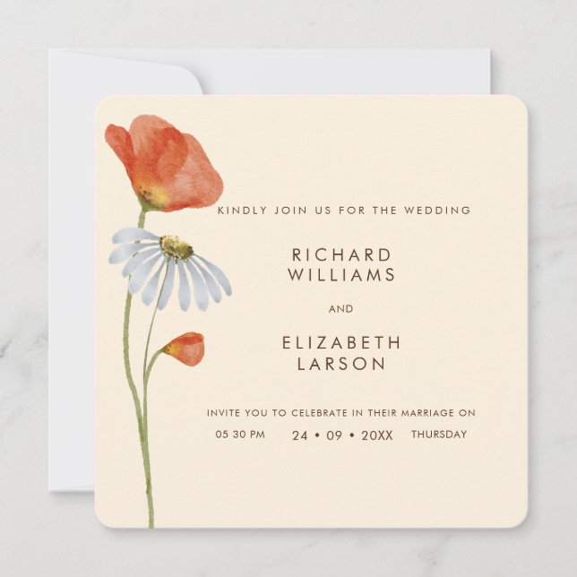 Watercolor Wildflower Floral Elegant Wedding Invitation (Front)