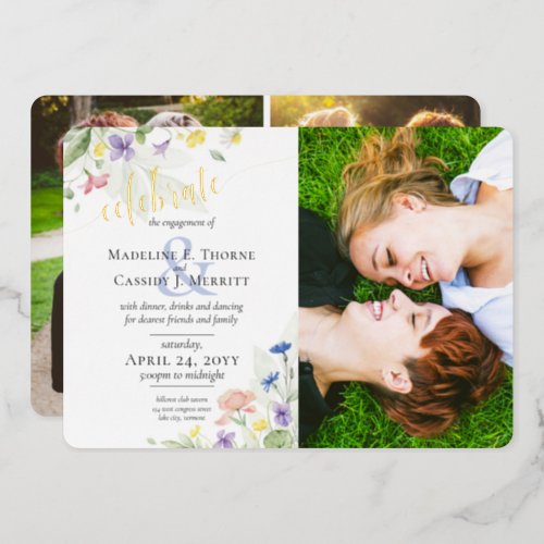 Watercolor Wildflower Floral Engagement Party Foil Invitation