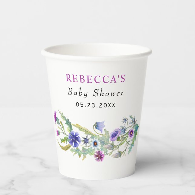 Watercolor wildflower floral garland Baby Shower Paper Cups (Front)