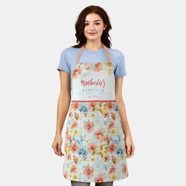 Watercolor Wildflower Floral Kitchen Gift Name Apron (Worn)