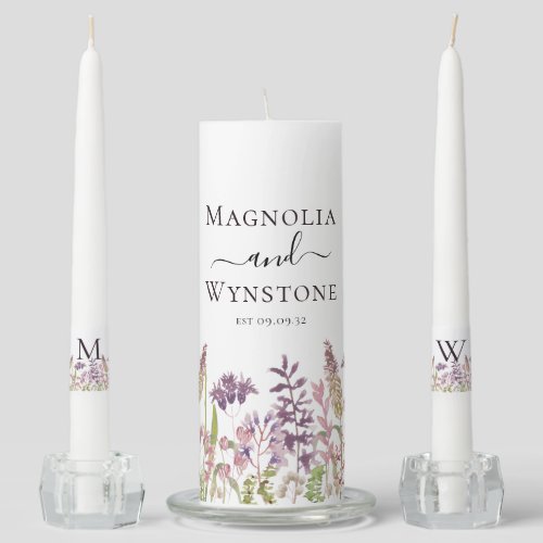 Watercolor Wildflower Floral Monogram Wedding Unit Unity Candle Set