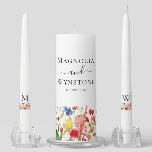 Watercolor Wildflower Floral Monogram Wedding Unity Candle Set