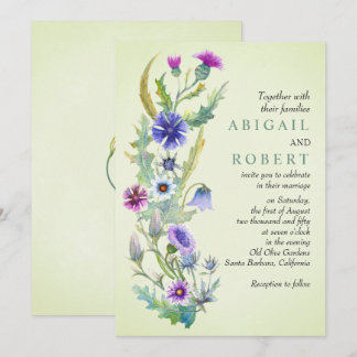 Watercolor wildflower floral pale green wedding invitation