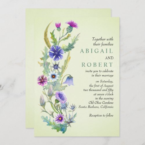 Watercolor wildflower floral pale green wedding invitation
