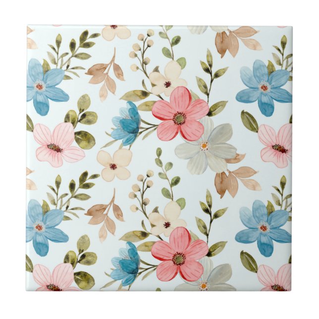 Watercolor Wildflower Floral Pattern Ceramic Tile (Front)