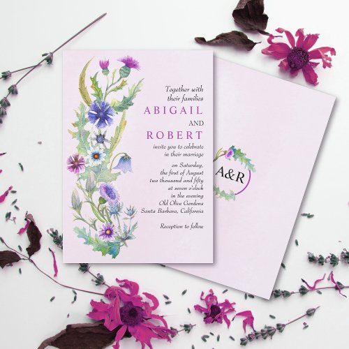 Watercolor wildflower floral pink wedding invitation
