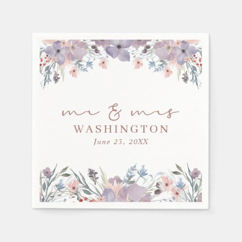 Watercolor Wildflower Floral Script Mr and Mrs Napkins