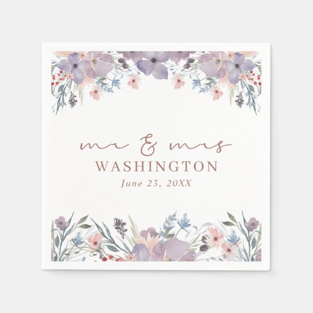 Watercolor Wildflower Floral Script Mr and Mrs Napkins (Front)