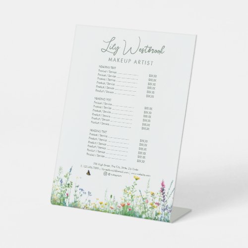 Watercolor Wildflower Floral Script Price List Pedestal Sign