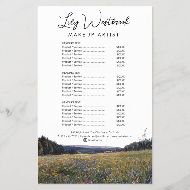 Watercolor Wildflower Floral Script Service Menu Flyer (Front)