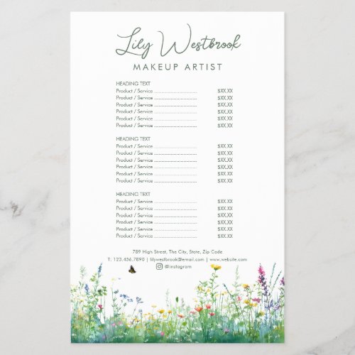 Watercolor Wildflower Floral Script Service Menu Flyer