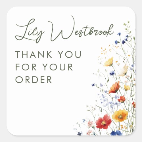Watercolor Wildflower  Floral Script Thank You Square Sticker