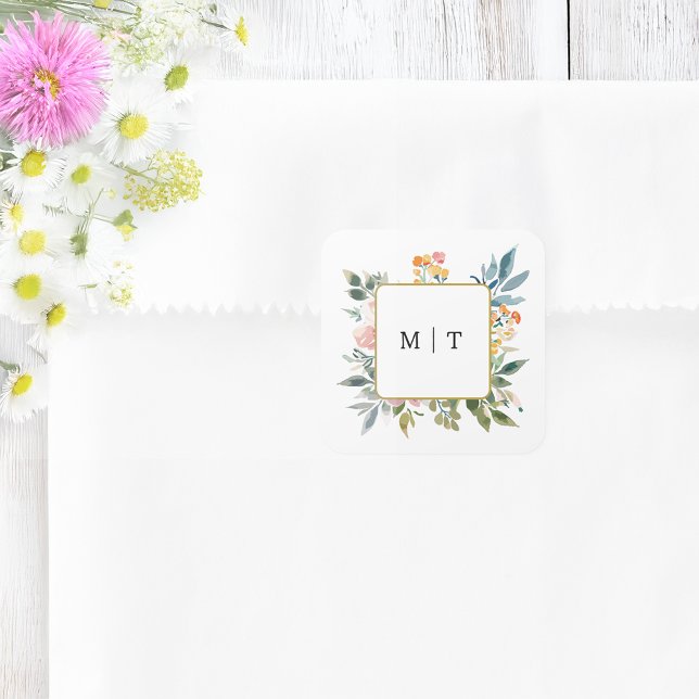 Watercolor Wildflower Floral Wedding Monogram Square Sticker (Creator Uploaded)
