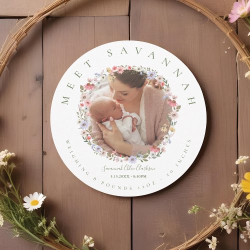 Watercolor Wildflower Floral Wreath Photo Baby Announcement