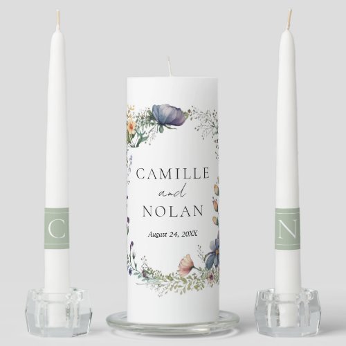 Watercolor Wildflower Garden Arch Floral Wedding Unity Candle Set