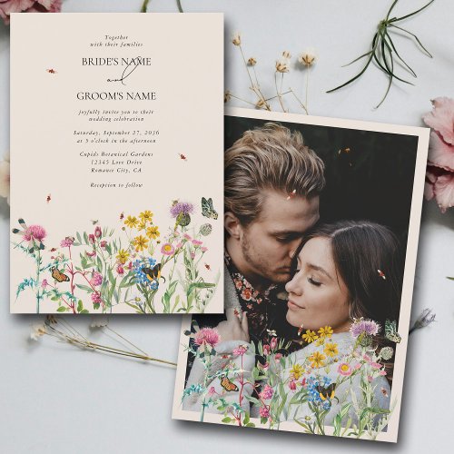 Watercolor Wildflower Garden Couple Photo Wedding  Invitation