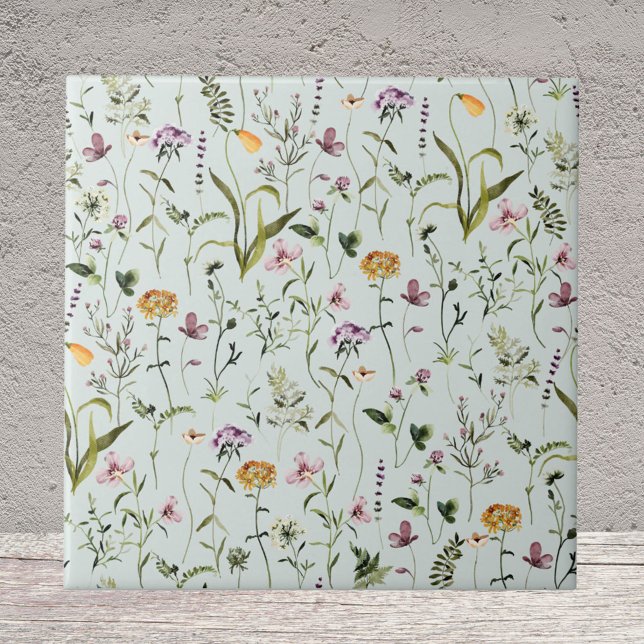 Watercolor Wildflower Garden Floral Pattern Ceramic Tile (Close up)
